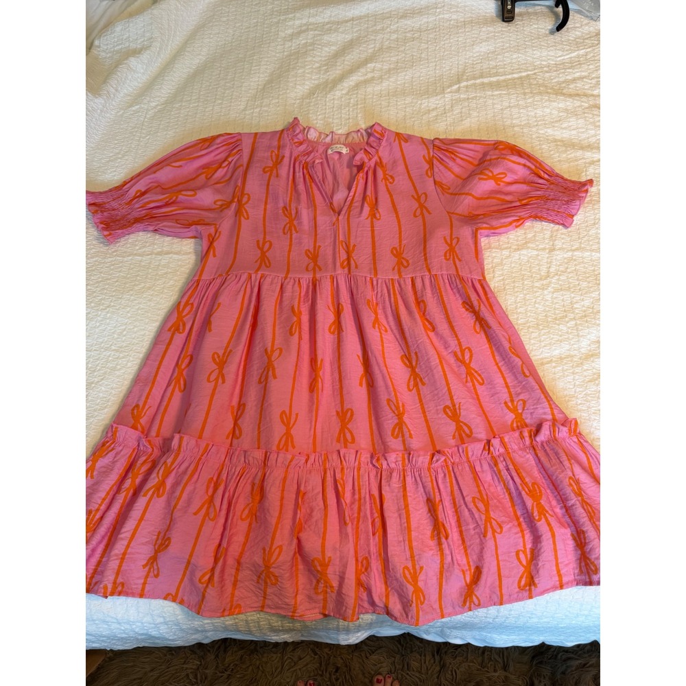 Shop The Mint Babydoll Dress Womens XL Pink Orange Bow Print Tiered Ruffle Mini